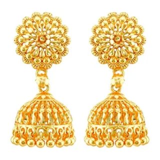 Traditional South Indian Temple Brass - Gold Plated Copper and Crystal Jhumki Earrings for