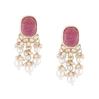 Wine Color Stone Kundan Pearls Layer Yellow Gold Drop Earring For Women-ZPFK15441