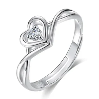 Women Fashion Jewellery Rhodium Plated Solitaire Style Adjustable Heart Finger Ring with