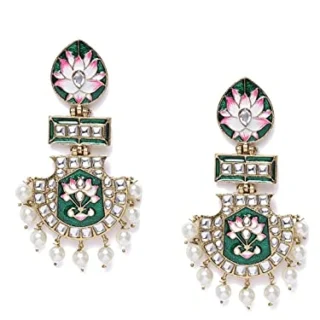 Green Pink Meenakari Lotus Design Kundan Dangle Earring For Women-ZPFK10343