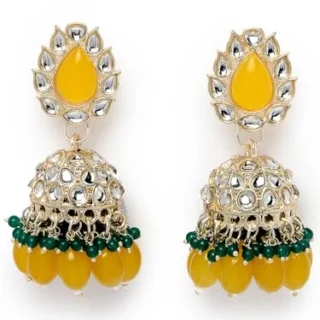 Indian Traditional Gold Plated With Faux Beaded Yellow Green Kundan JhumkaJhumki Earrings