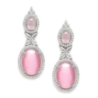 Oxidised Silver-Plated American Diamond studded Oval Shaped Drop Earrings for