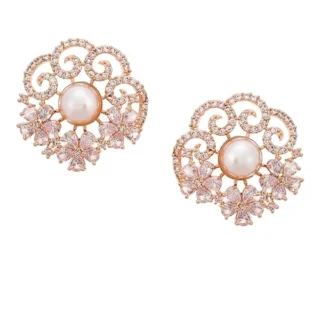 Rose Gold Plated Crescent Contemporary Floral Embelished Designed Stud Earring Jewellery