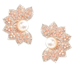 Rose Gold Plated Crescent Contemporary Floral Embelished Designed Stud Earring Jewellery
