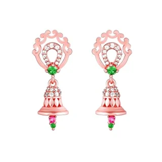 Silver Rose Gold Temple Bell Jhumki Earrings - Gifts for Girlfriend